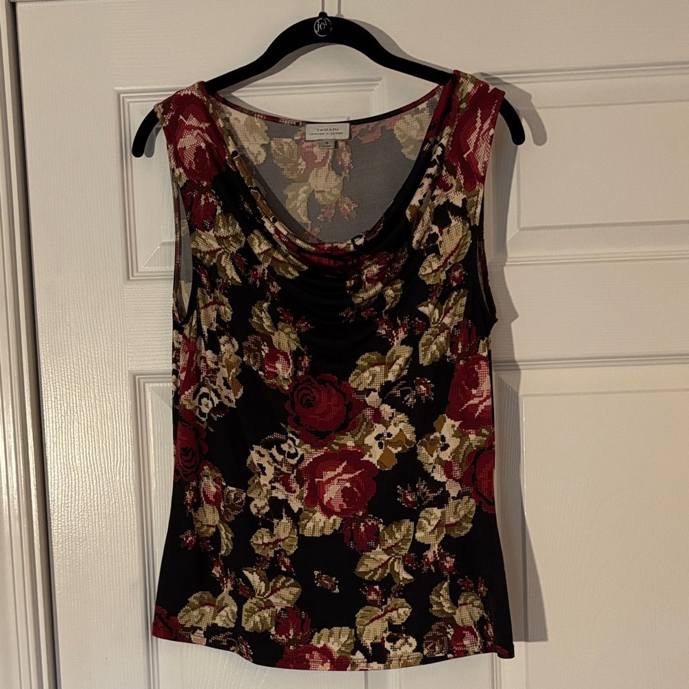 Tahari ASL Black and Burgundy Floral Blouse